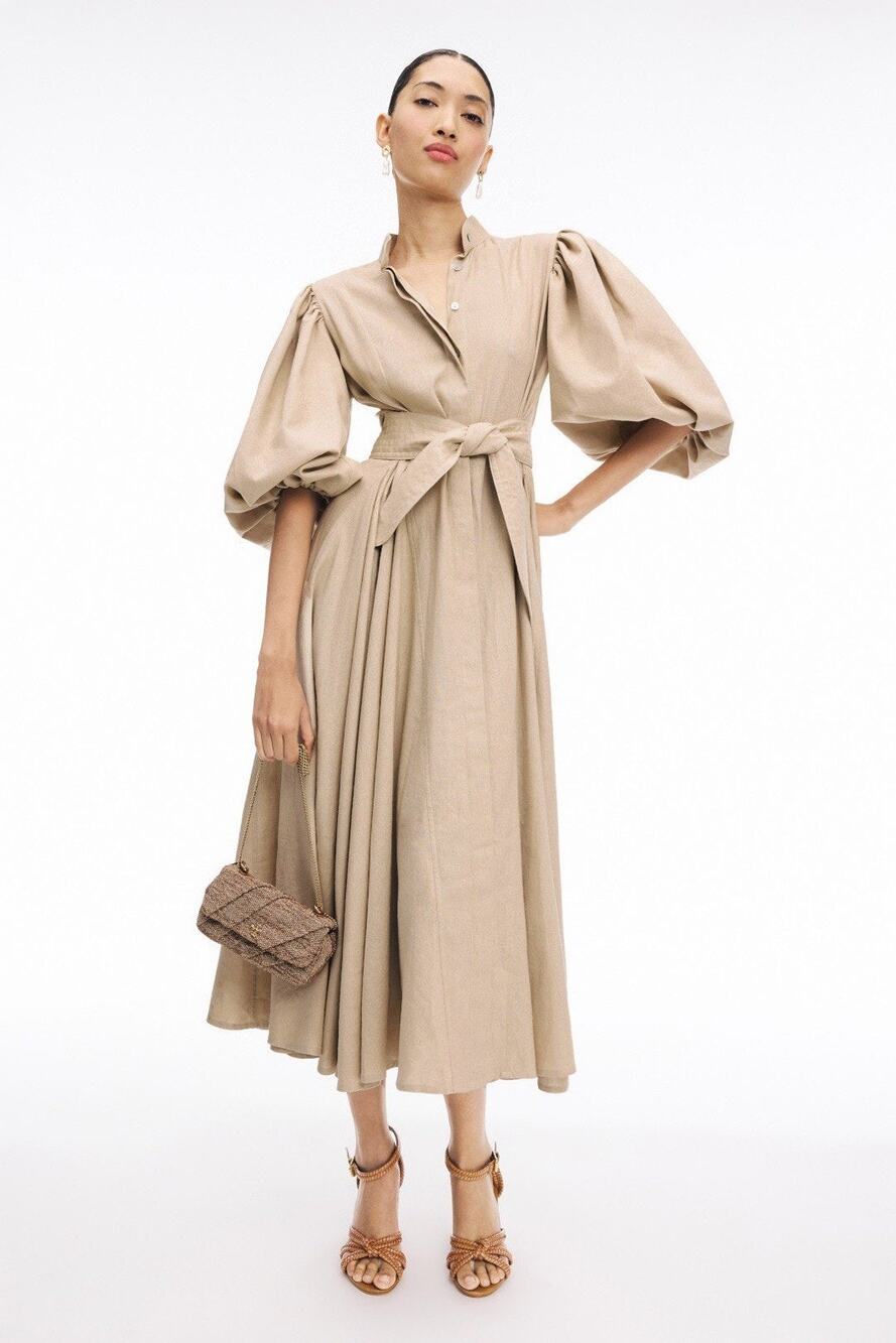 NO PISE LA GRAMA Bromelia Beige Linen Puffed Sleeve Midi Shirt Dress Size 4